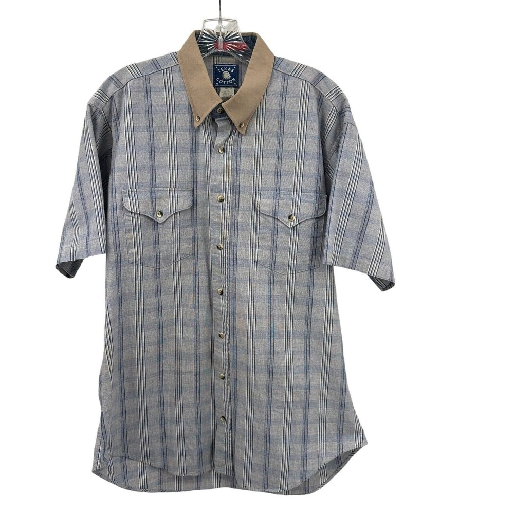Texas Cotton Mens 16.5 L Western Shirt Blue White Stripe Short Sleeve USA Made